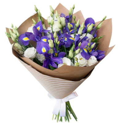 Изысканный букет из синих ирисов и белых эустом – гармония утонченности Алагир Республика Северная Осетия-Алания